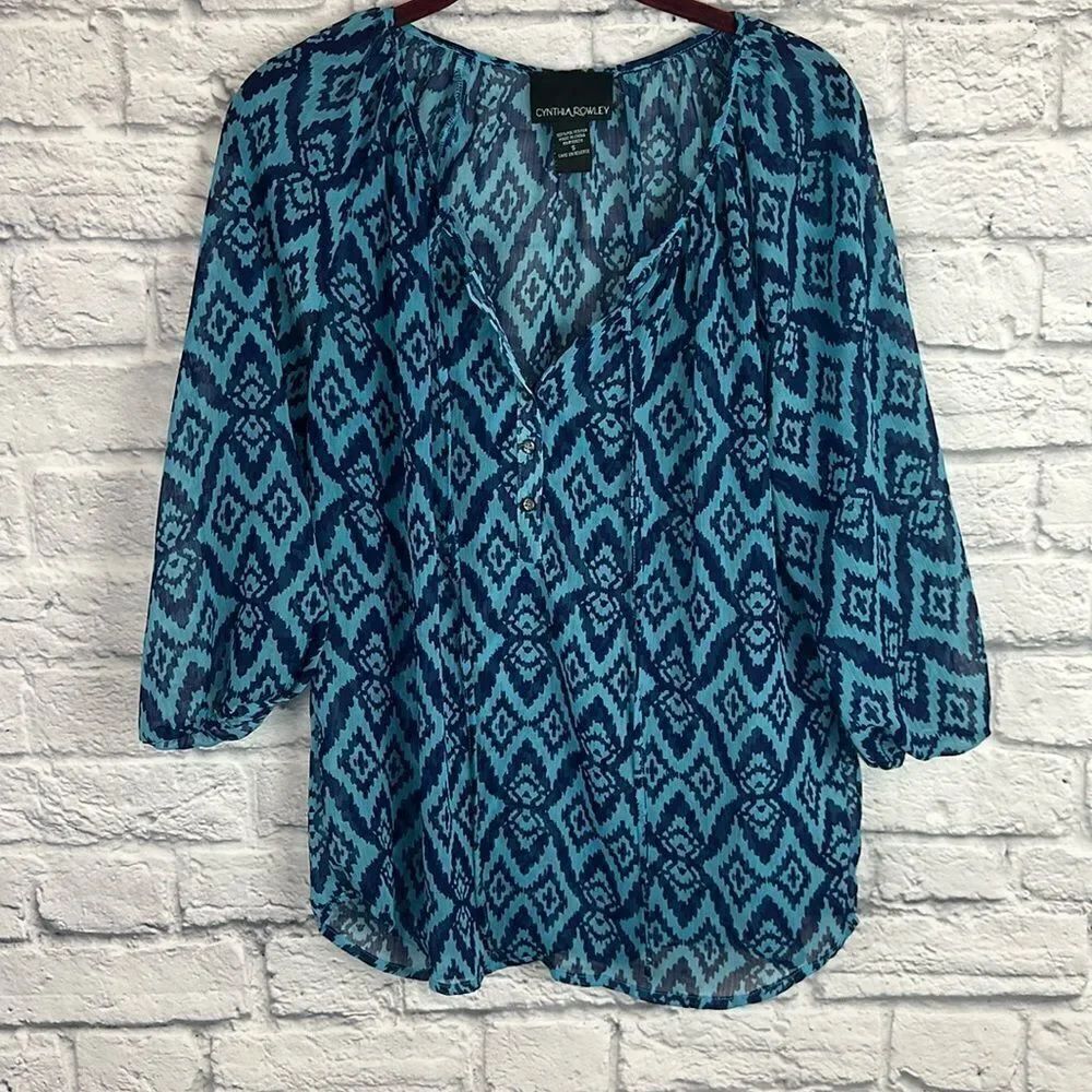 Women's Cynthia Rowley Sheer Top Blouse Light Blue & Navy 3/4 Sleeve Size Small
